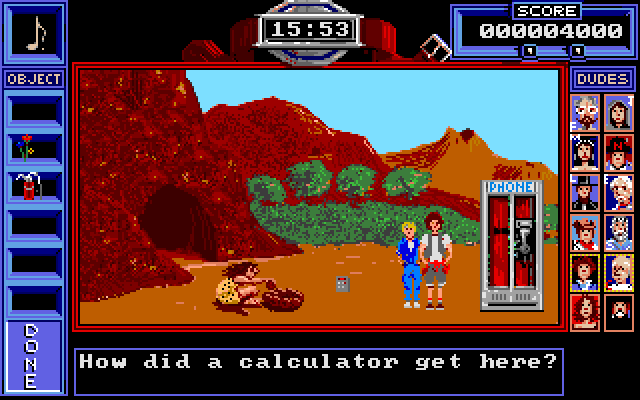 Bill & Ted's Excellent Adventure IBM PC/Compatibles Screenshot: Why does a caveman have a calculator?