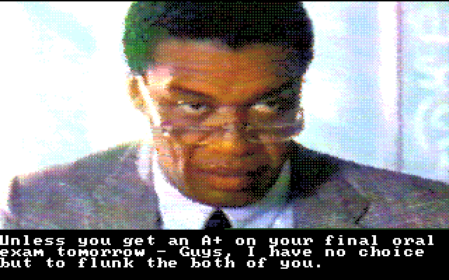 Bill & Ted's Excellent Adventure IBM PC/Compatibles Screenshot: Bill & Ted are in trouble in history class.