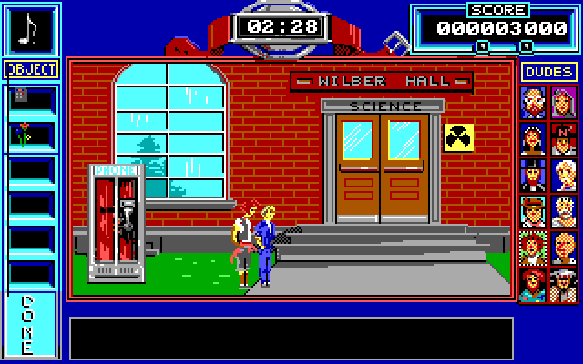 Bill & Ted's Excellent Adventure IBM PC/Compatibles Screenshot: Outside Wilber Hall...