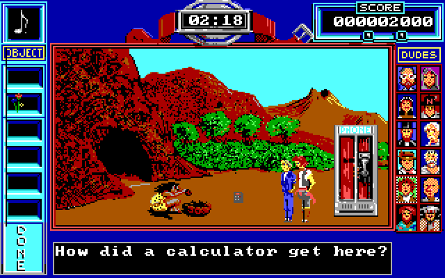 Bill & Ted's Excellent Adventure IBM PC/Compatibles Screenshot: Why does a caveman have a calculator?