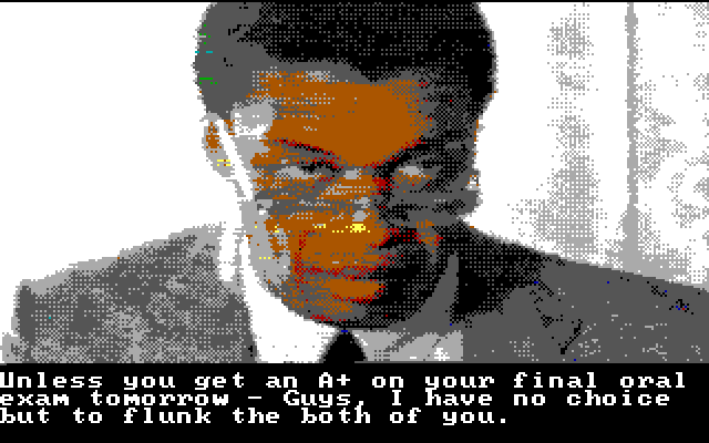 Bill & Ted's Excellent Adventure IBM PC/Compatibles Screenshot: Bill & Ted are in trouble in their history class.