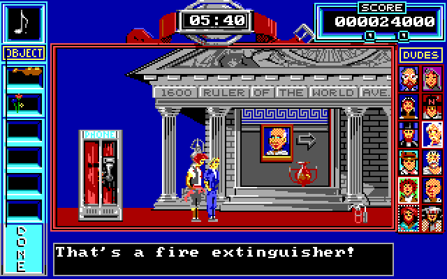 Bill & Ted's Excellent Adventure IBM PC/Compatibles Screenshot: Why is a fire extinguisher here?