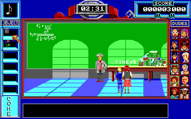 Bill & Ted's Excellent Adventure IBM PC/Compatibles Screenshot: Einstein will follow you if you give him the right object.