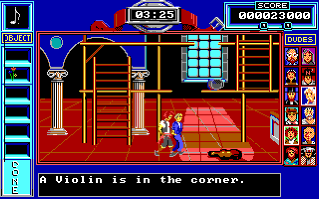 Bill & Ted's Excellent Adventure IBM PC/Compatibles Screenshot: There is a violin here! This is also the beginning of an action sequence similar to Donkey Kong.