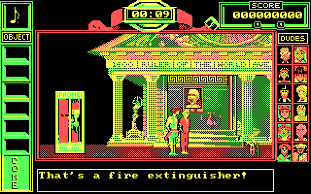 Bill & Ted's Excellent Adventure IBM PC/Compatibles Screenshot: A fire extinguisher! Now where did we need one of those?
