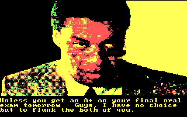 Bill & Ted's Excellent Adventure IBM PC/Compatibles Screenshot: Bill & Ted are in trouble in history class.