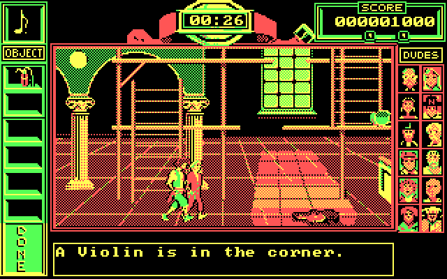Bill & Ted's Excellent Adventure IBM PC/Compatibles Screenshot: A violin is here! And the start of a Donkey Kong like action sequence.