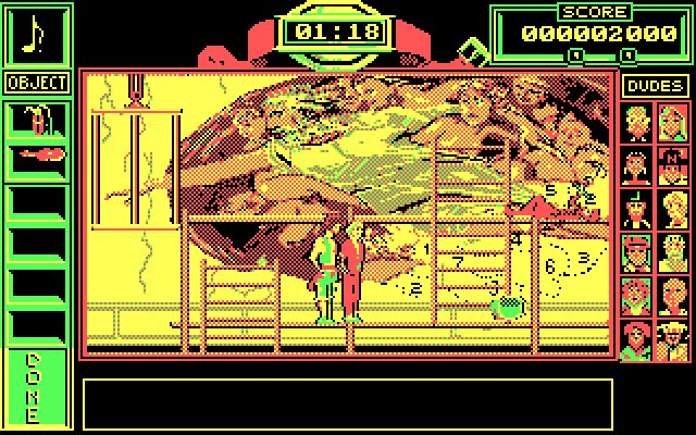 Bill & Ted's Excellent Adventure IBM PC/Compatibles Screenshot: Almost at the top of the scaffolding.
