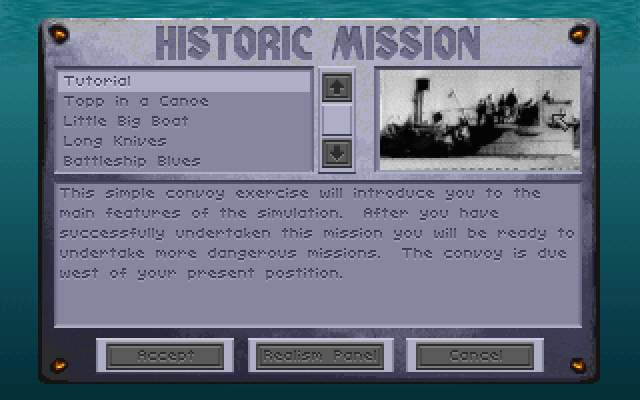Aces of the Deep IBM PC/Compatibles Screenshot: There are several historic missions to choose from.