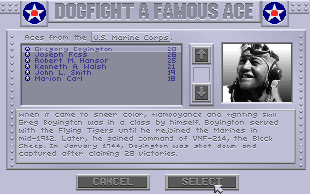 Aces of the Pacific IBM PC/Compatibles Screenshot: Dogfight a famous ace menu.