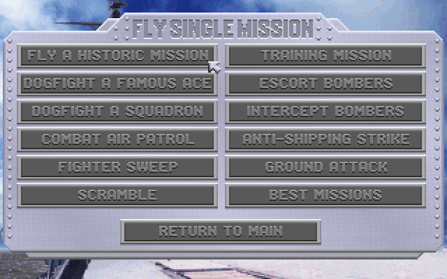 Aces of the Pacific IBM PC/Compatibles Screenshot: The single mission menu.