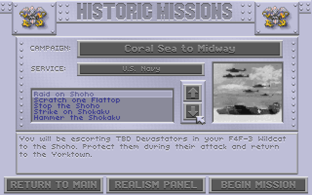 Aces of the Pacific IBM PC/Compatibles Screenshot: Select a historic mission.