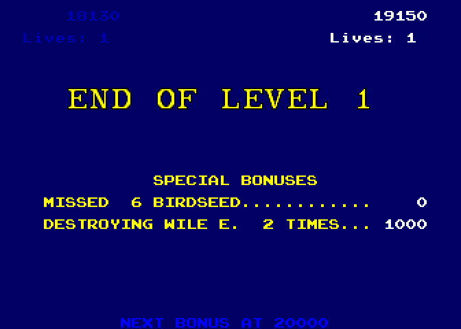 Road Runner Arcade Screenshot: Level 1 complete!