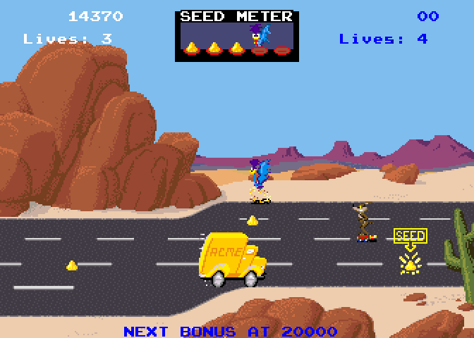 Road Runner Arcade Screenshot: Don't get hit by oncoming traffic!