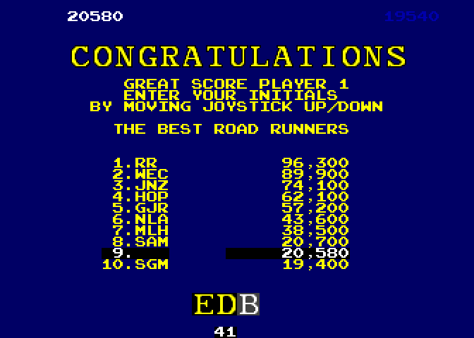 Road Runner Arcade Screenshot: Game over; a new high score!