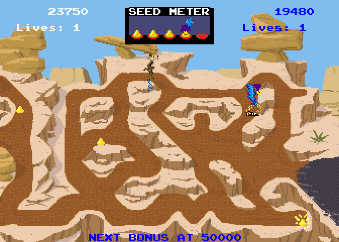Road Runner Arcade Screenshot: The coyote has springs allowing it to jump off of the path.