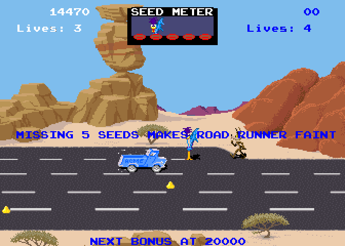 Road Runner Arcade Screenshot: Road runner faints if you miss 5 seeds.