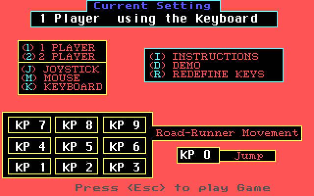 Road Runner IBM PC/Compatibles Screenshot: Game options.