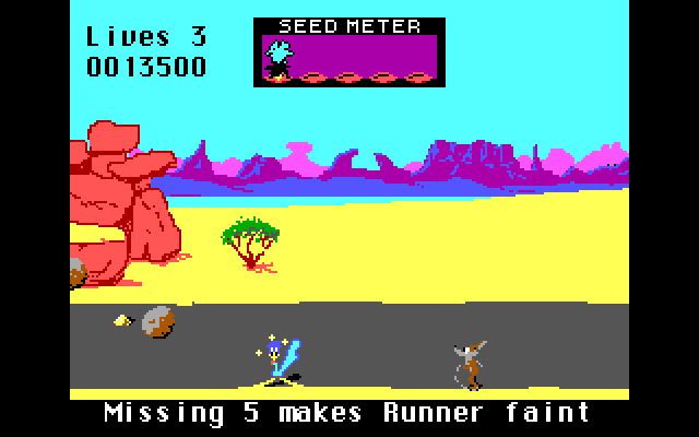 Road Runner IBM PC/Compatibles Screenshot: Missing too much bird seed makes road runner faint.