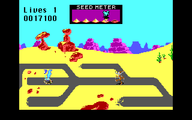 Road Runner IBM PC/Compatibles Screenshot: As the levels progress, the path becomes more difficult.