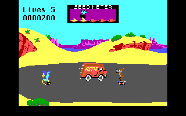 Road Runner IBM PC/Compatibles Screenshot: Don't get hit by cars or caught by the coyote.