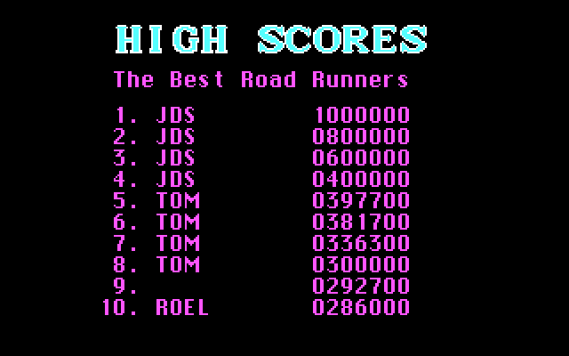 Road Runner IBM PC/Compatibles Screenshot: High scores.