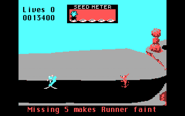 Road Runner IBM PC/Compatibles Screenshot: Road runner faints if he doesn't eat enough bird seed.