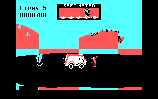 Road Runner IBM PC/Compatibles Screenshot: Don't get hit by passing trucks.