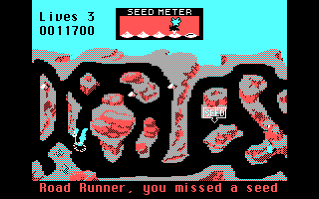 Road Runner IBM PC/Compatibles Screenshot: Don't miss too many bird seeds.