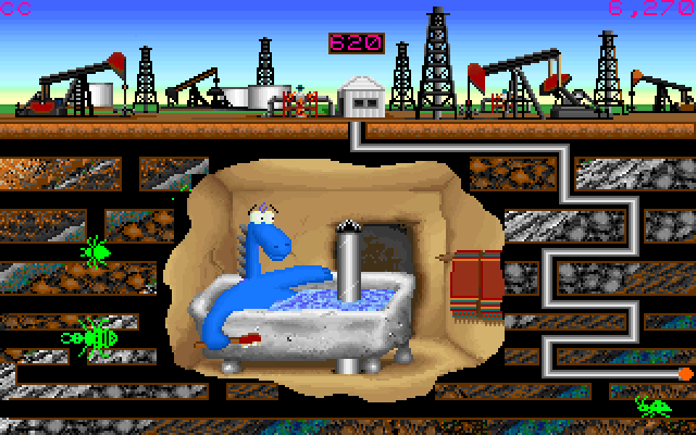 Oil's Well IBM PC/Compatibles Screenshot: The drill bit ruins a bath!