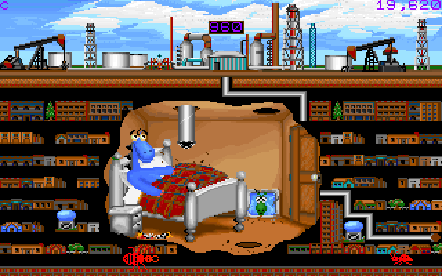 Oil's Well IBM PC/Compatibles Screenshot: Our dinosaur protagonist can't get any sleep either!
