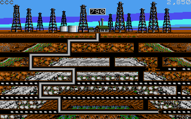 Oil's Well IBM PC/Compatibles Screenshot: Collecting oil at the bottom of the screen can be difficult.