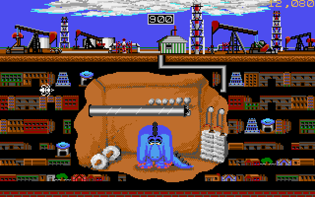 Oil's Well IBM PC/Compatibles Screenshot: Our dinosaur exercises, and is interrupted again by the drill.