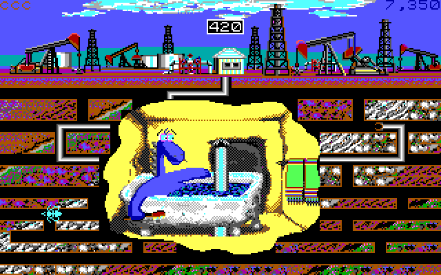Oil's Well IBM PC/Compatibles Screenshot: The drill causes trouble in the bath tub.