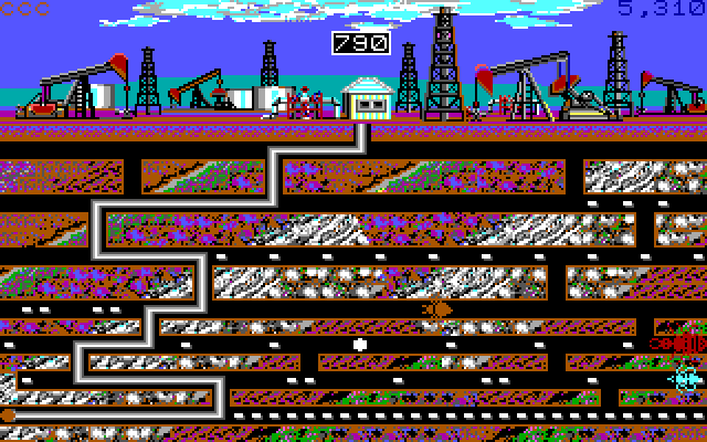 Oil's Well IBM PC/Compatibles Screenshot: Collecting the hard to reach oil at the bottom of the screen.