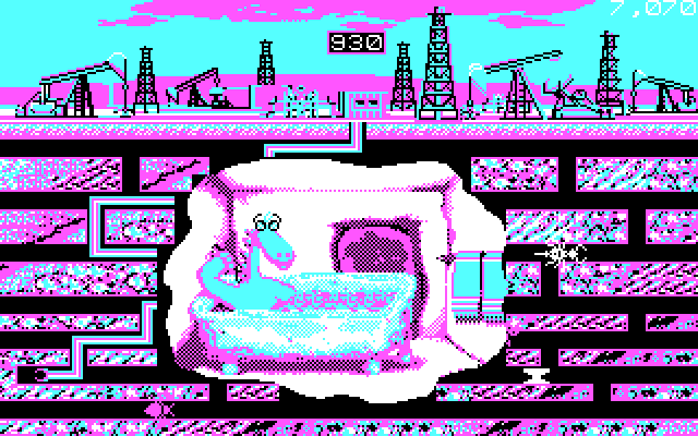 Oil's Well IBM PC/Compatibles Screenshot: Our protagonist dinosaur takes a bath.