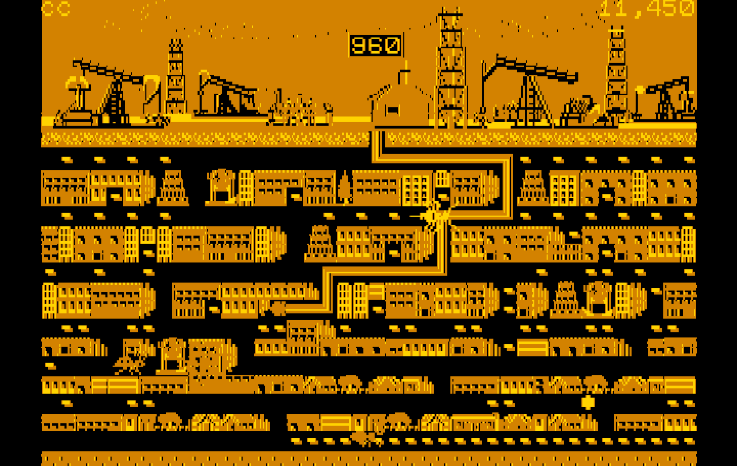 Oil's Well IBM PC/Compatibles Screenshot: The pipe has been destroyed by a critter!