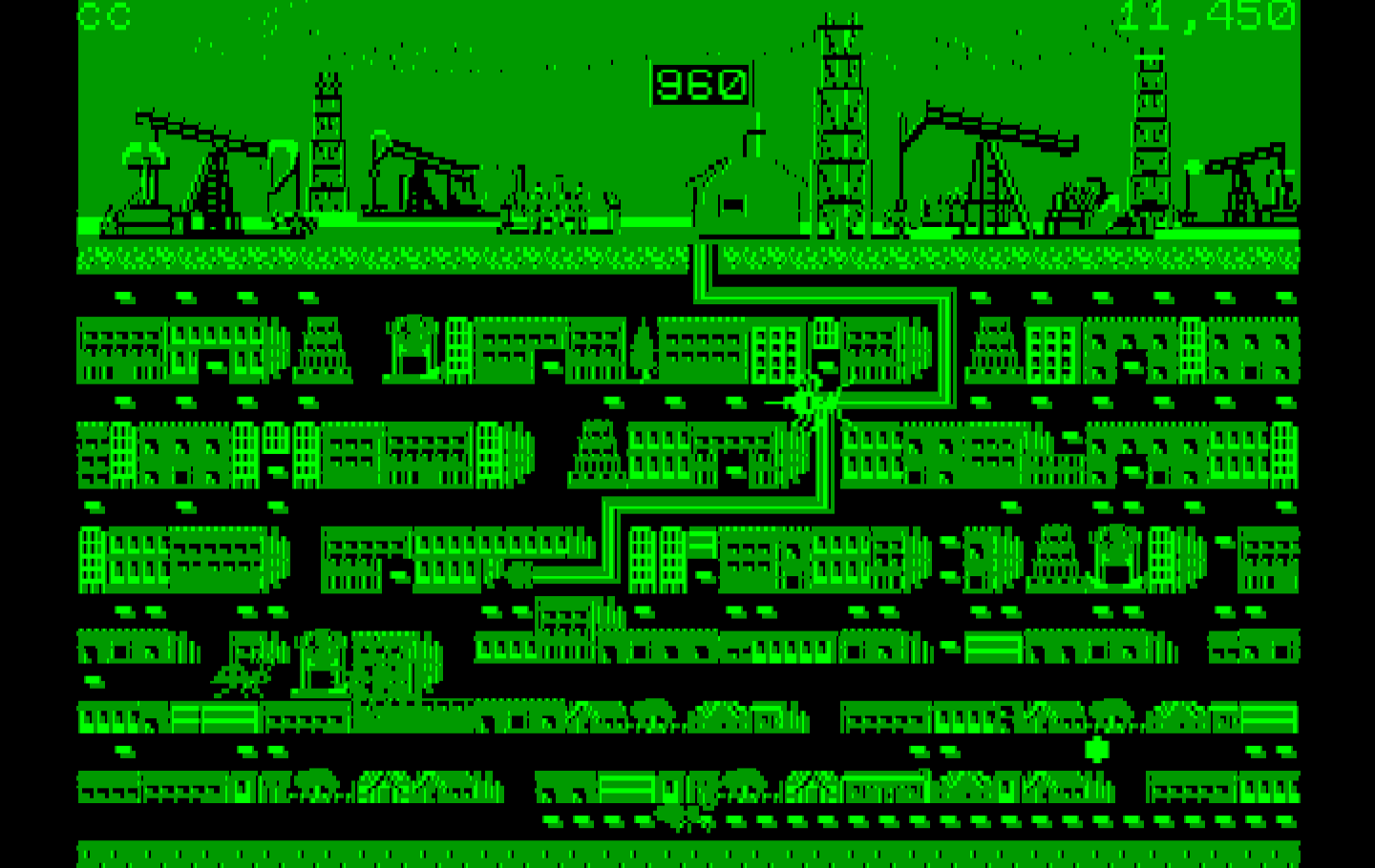 Oil's Well IBM PC/Compatibles Screenshot: The pipe has been destroyed by a critter!