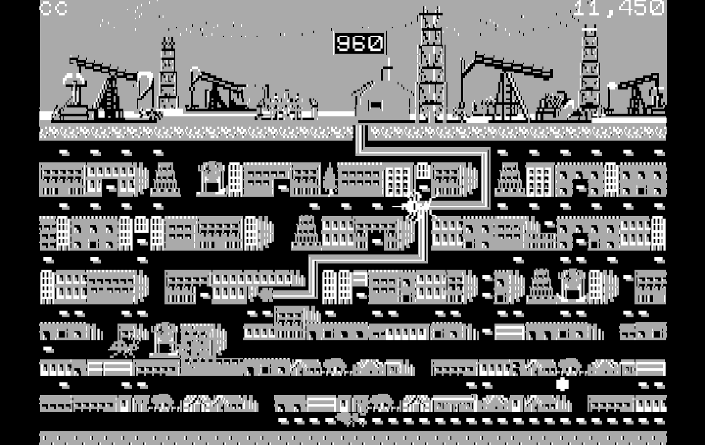 Oil's Well IBM PC/Compatibles Screenshot: The pipe has been destroyed by a critter!