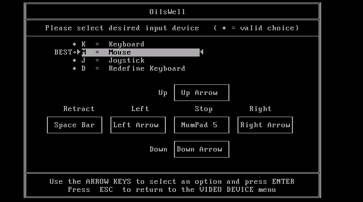 Oil's Well IBM PC/Compatibles Screenshot: Input device setup.