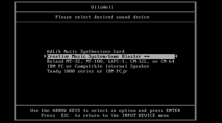 Oil's Well IBM PC/Compatibles Screenshot: Sound card selection.