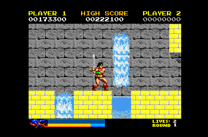 Rastan Apple IIgs Screenshot: Wait for falling water to pass before proceeding...