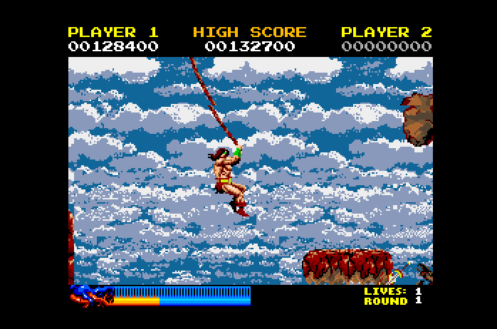 Rastan Apple IIgs Screenshot: Swinging on a rope.