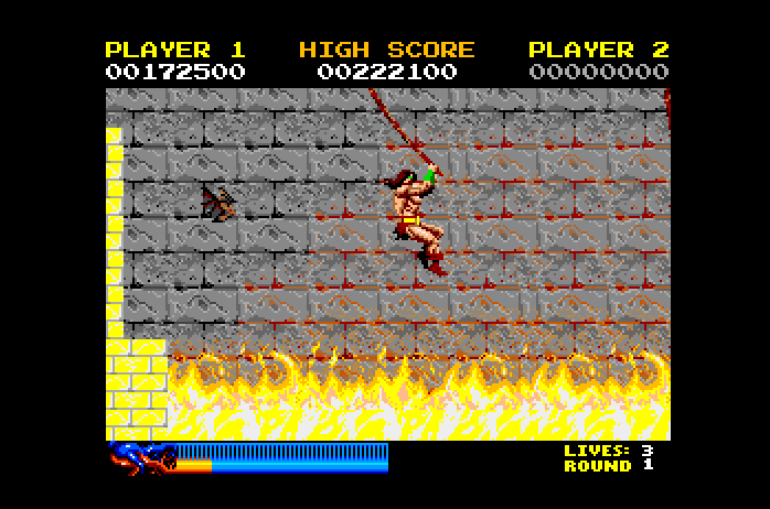 Rastan Apple IIgs Screenshot: Don't fall off of this rope! The fire below is deadly...