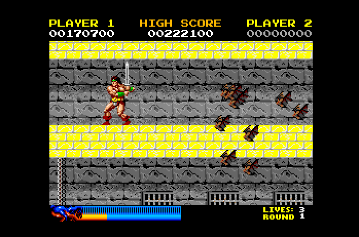 Rastan Apple IIgs Screenshot: A swarm of bats closes in...