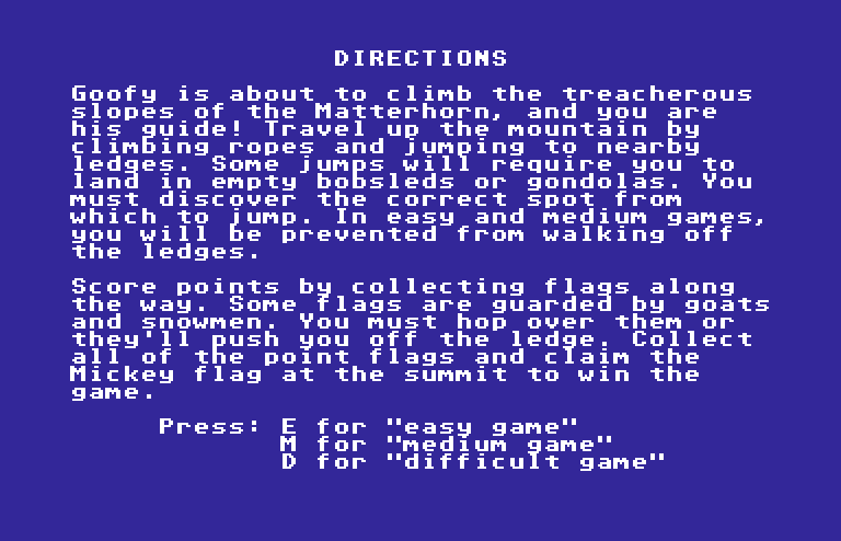 Matterhorn Screamer! Commodore 64 Screenshot: Game directions.