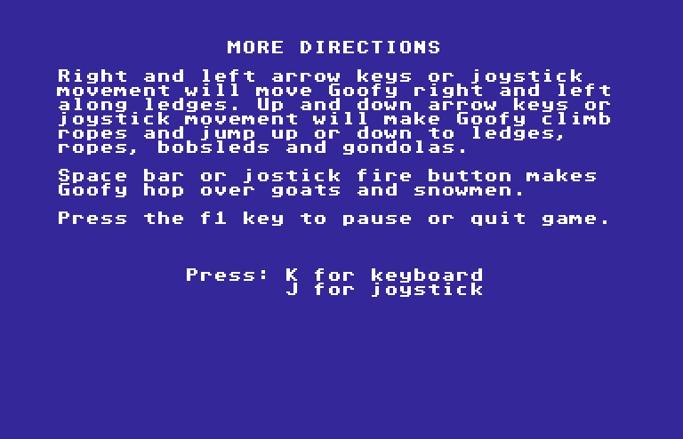 Matterhorn Screamer! Commodore 64 Screenshot: And some more directions!