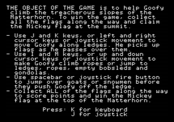 Matterhorn Screamer! Apple II Screenshot: Game instructions.