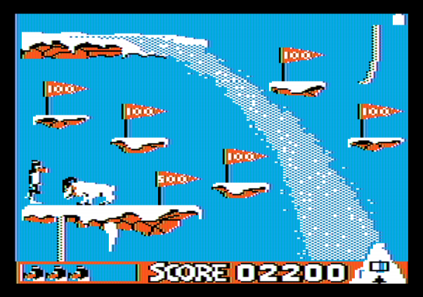 Matterhorn Screamer! Apple II Screenshot: Avoid the creatures, or they'll shove you off of the platforms!