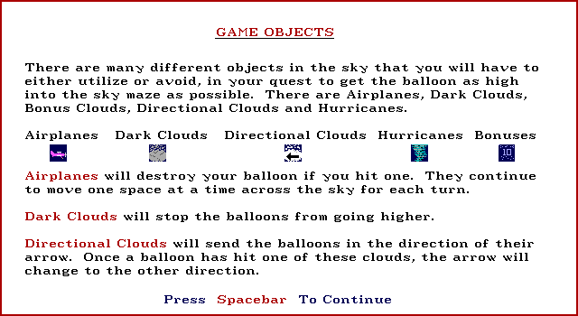 Balloon Challenge IBM PC/Compatibles Screenshot: Instructions continued...